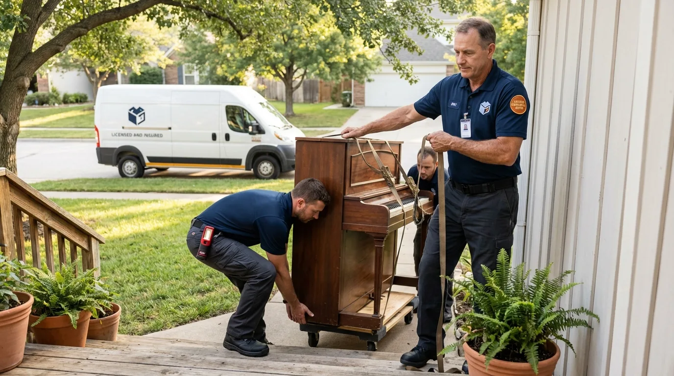 Licensed piano movers securing grand piano in Osceola, WI