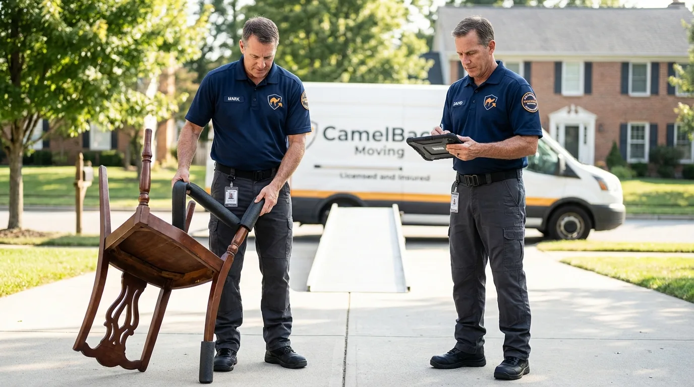 Movers inspecting furniture for damage prevention before loading in Osceola, WI
