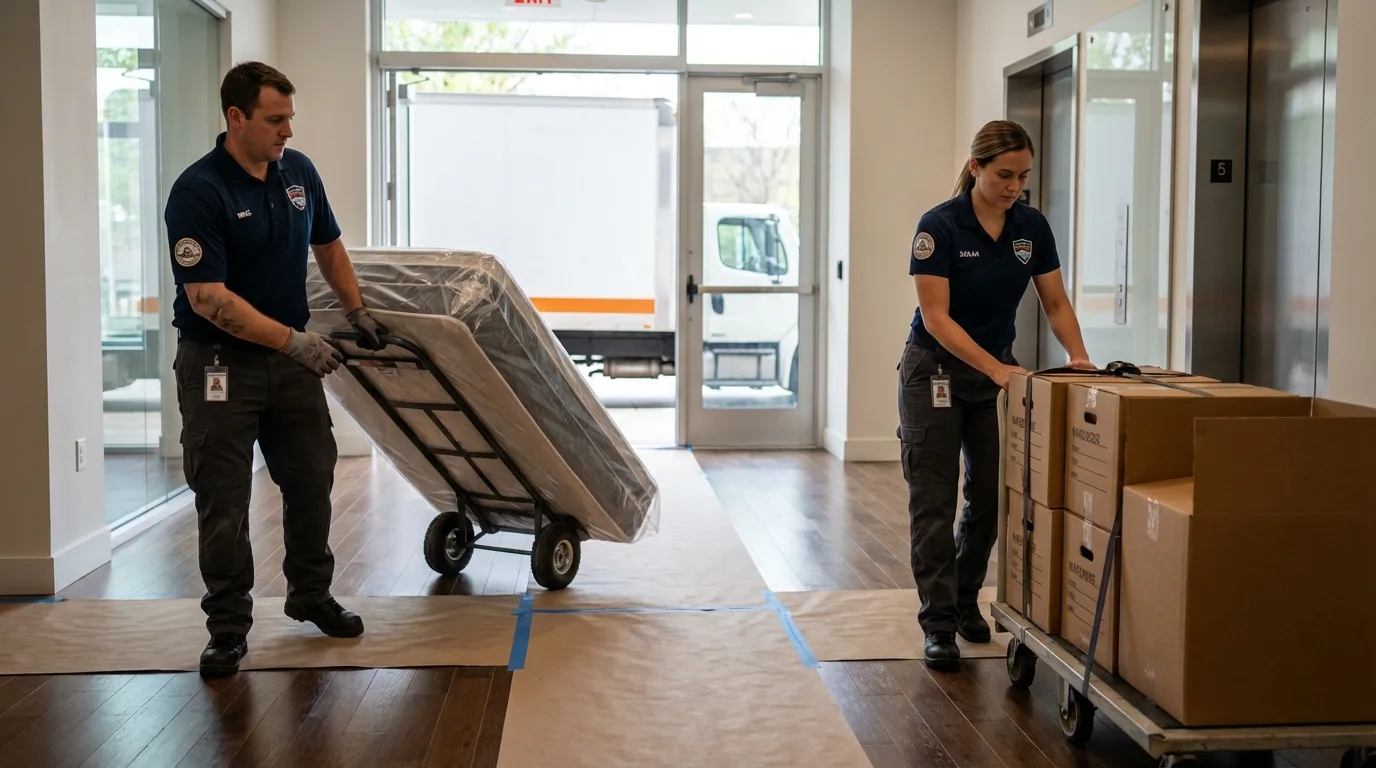 Professional apartment movers loading elevator in Osceola, WI