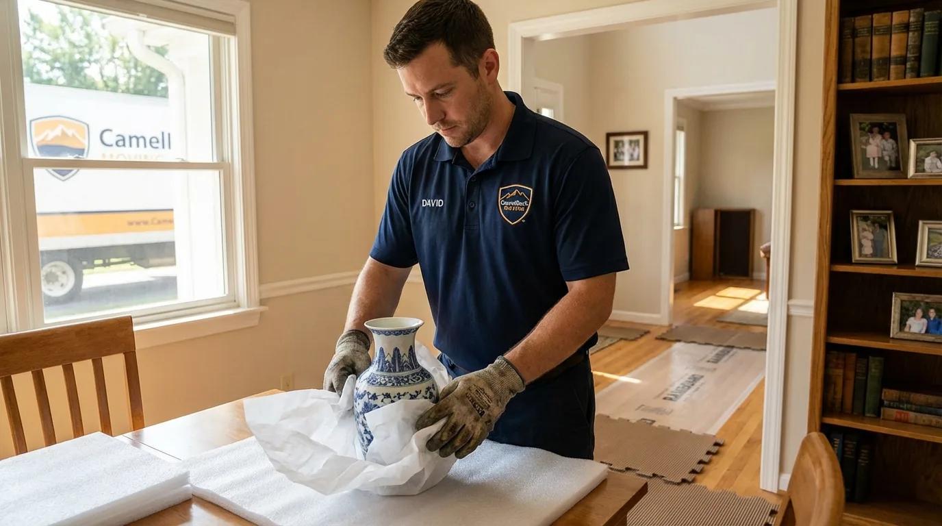 Professional crew carefully wrapping antique vase for senior downsizing move in Osceola, WI